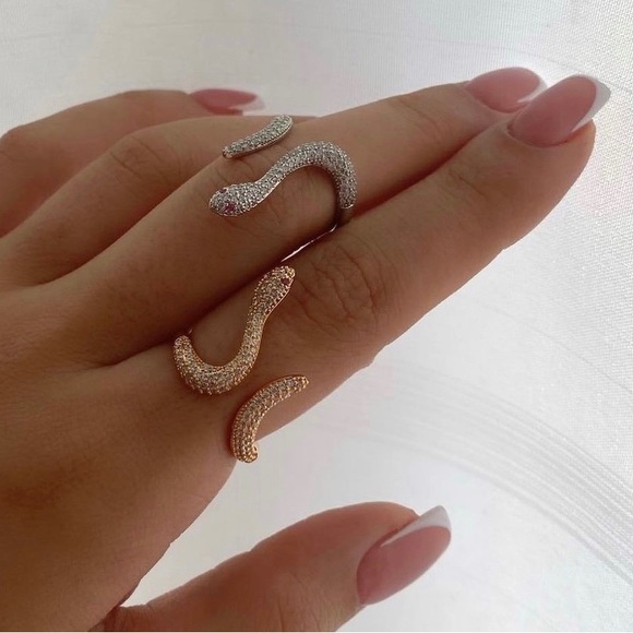 Silver Snake Ring Silver Color Zircon Adjustable Ring - Picture 2 of 9